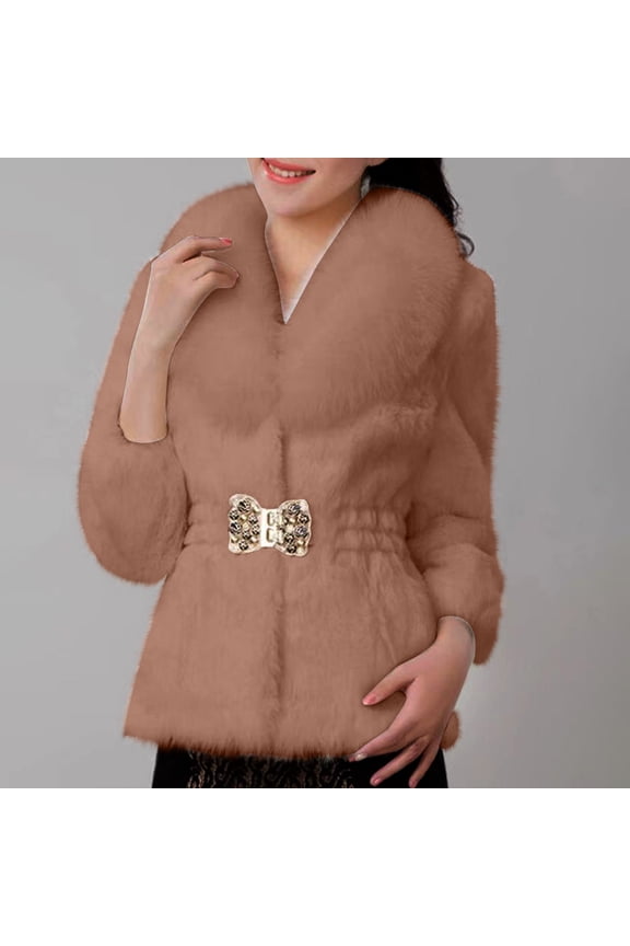 Women's Faux Fur Winter Coat Fall Winter Fuzzy Warm Plus Size Fleece Jacket Elegant Open Front Cardigan Casual Cropped Dressy Outerwear with Belt Brown XXL