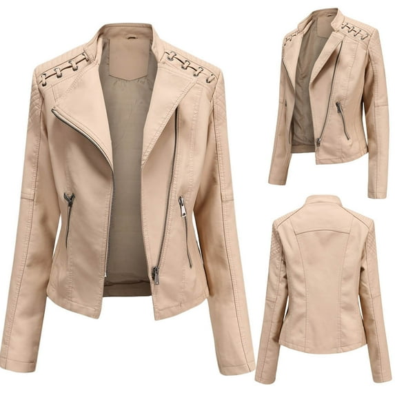 BLTIBY Women's Faux Leather Casual Jackets Fall Zip Up Solid Color Lapel Motorcycle Cropped Outfits Lightweight Slim Coats with Zip Pockets Khaki 4XL