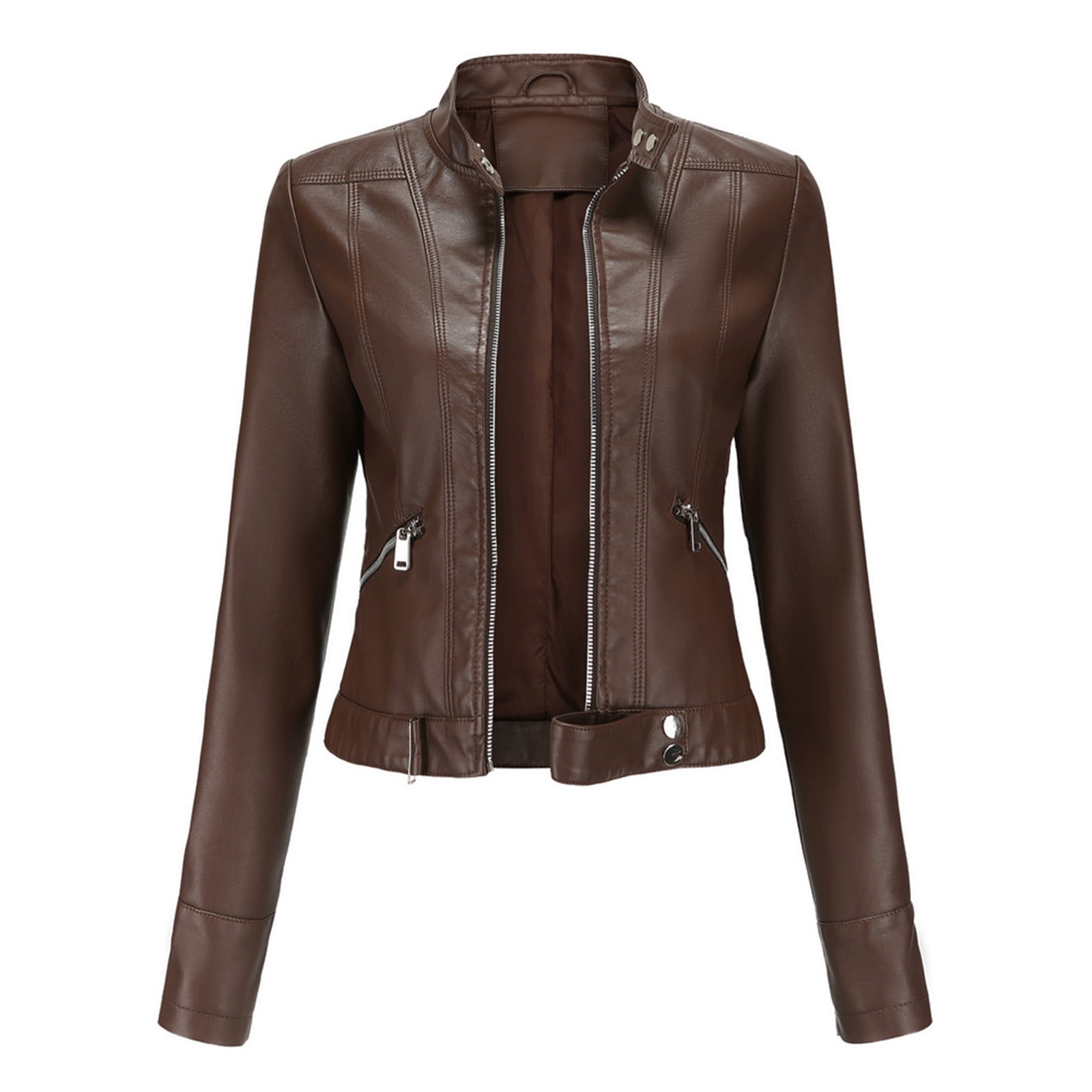 BLTIBY Women's Faux Leather Jackets, Spring Fall Zip Up Black Stand Collar Motorcycle Short PU Moto Biker Outwear Fitted Slim Coat Brown S
