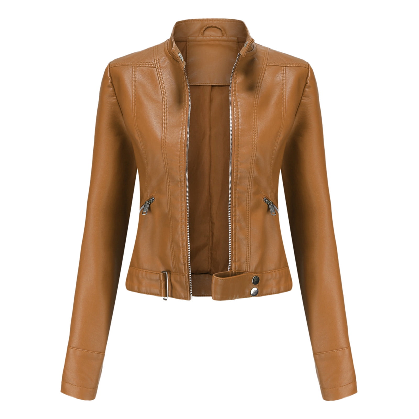 BLTIBY Women's Faux Leather Jackets, Spring Fall Zip Up Black Stand Collar Motorcycle Short PU Moto Biker Outwear Fitted Slim Coat Coffee L