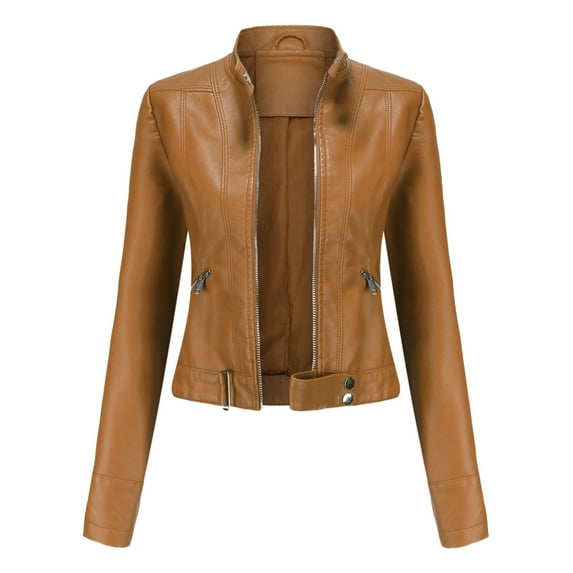 BLTIBY Women's Faux Leather Jackets, Spring Fall Zip Up Black Stand Collar Motorcycle Short PU Moto Biker Outwear Fitted Slim Coat Coffee S