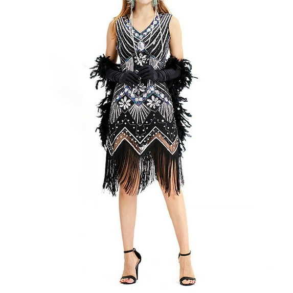 BLTIBY Women's Flapper Sequin Dresses 1920s V Neck Beaded Fringe Sleeveless Cocktail Dress Evening Party Ball Gown Vintage Outfit Silver 4XL