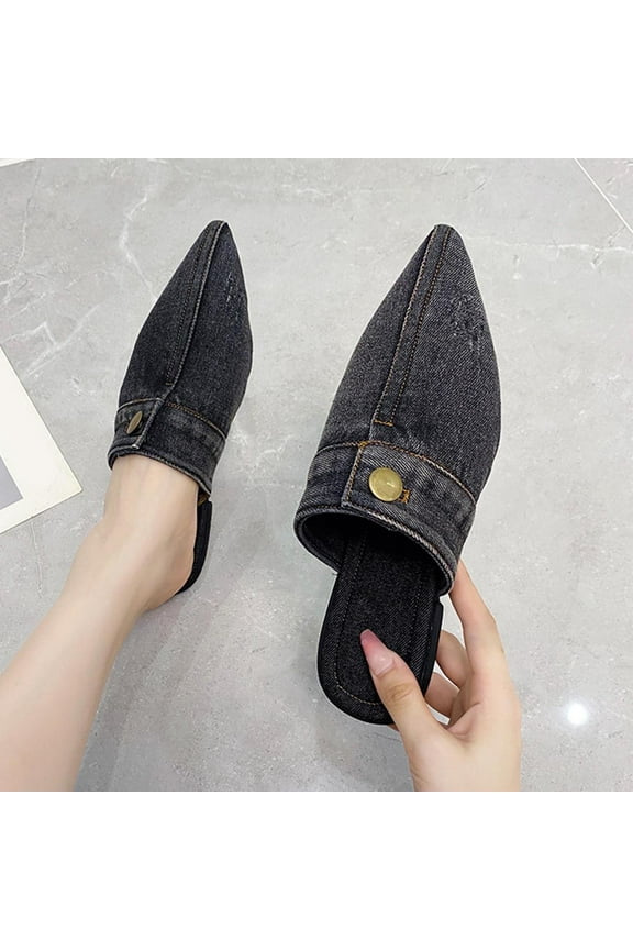 Women's Flat Mules Closed Pointed Toe Backless Slip-On Loafers Ladies Denim Baotou Clogs Half Slides Solid Color Sandal Black 41