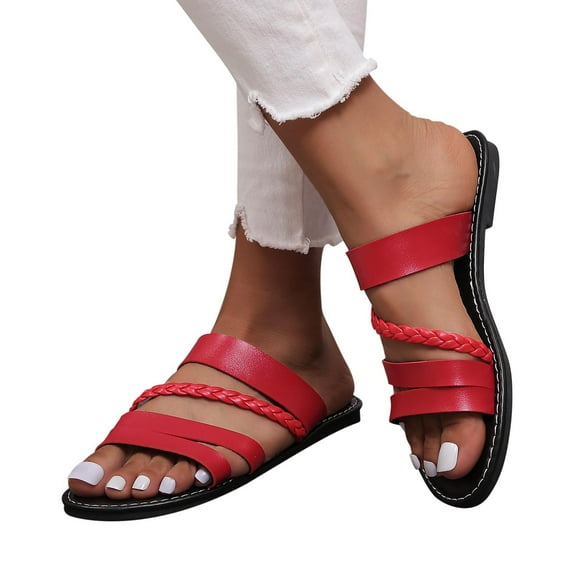BLTIBY Women's Flat Slides Sandals, Summer Slippers Comfortable Braided Strap Round Open Toe Casual Beach Shoes for Women Red 9.5