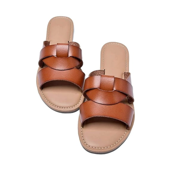 BLTIBY Women's Flat Slides Sandals, Summer Slippers Comfortable Braided Strap Round Open Toe Solid Colour Casual Beach Shoes for Women Brown 4.5