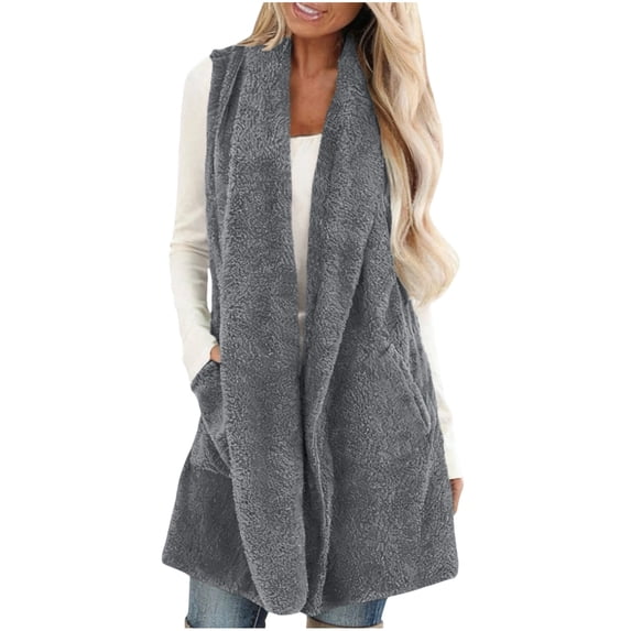 BLTIBY Women's Fleece Vest Fuzzy Lightweight Sleeveless Jacket Open Front Cardigan Outwear with Pockets Gray L