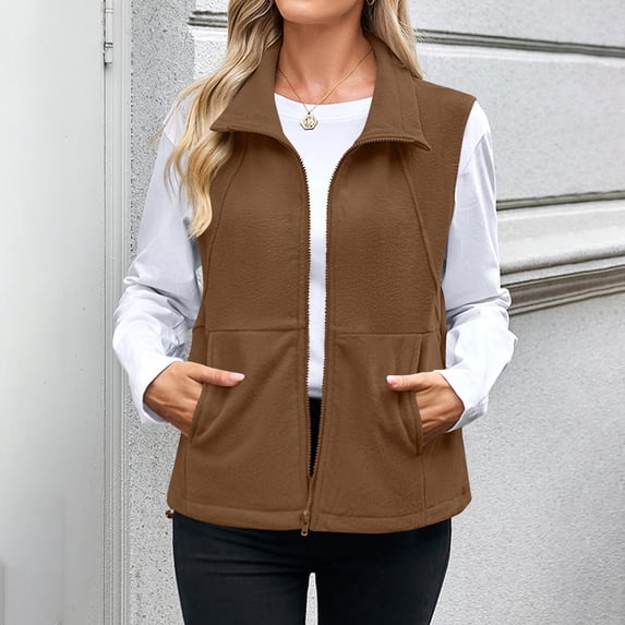 BLTIBY Women's Fleece Vest Fuzzy Lightweight Sleeveless Zip Up Lapel Jacket Open Front Cardigan Outwear with Pockets Brown L