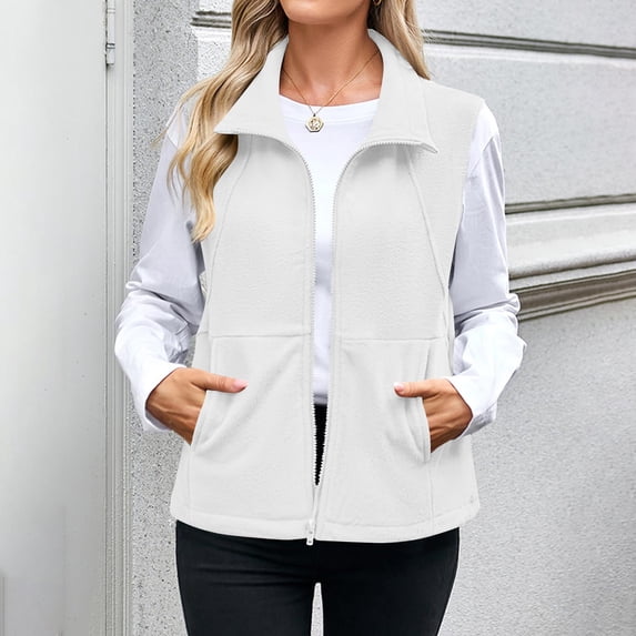 BLTIBY Women's Fleece Vest Fuzzy Lightweight Sleeveless Zip Up Lapel Jacket Open Front Cardigan Outwear with Pockets White L