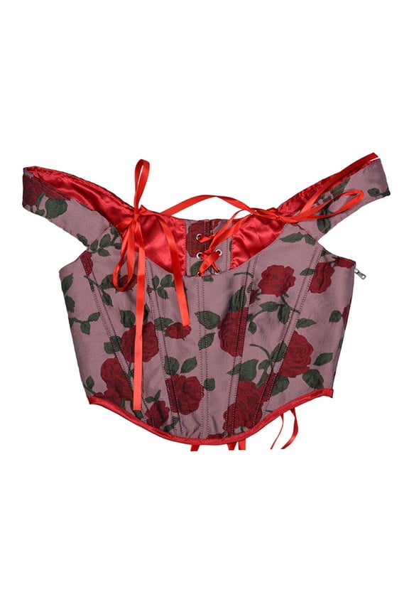 Women's Floral Corset Top Overbust Bustier Adjustable Strap Lace-up Vintage Medieval Renaissance Bustier Red L