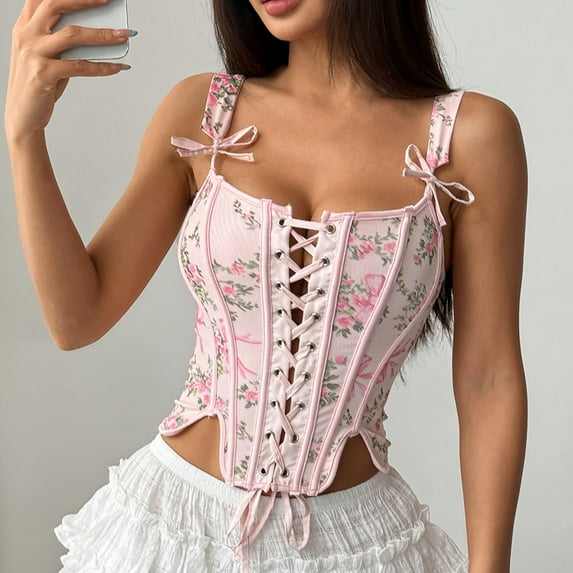 BLTIBY Women's Floral Corset Top Overbust Bustier Adjustable Strap Lace-up Vintage Medieval Renaissance Waist Cincher Pink S