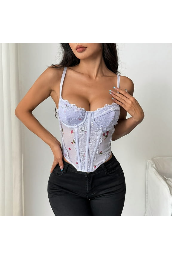 Women's Floral Corset Top Overbust Bustier Adjustable Strap Slimming Medieval Renaissance Waist Cincher Purple S