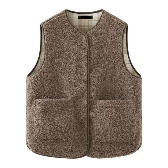 BLTIBY Women's Fuzzy Sherpa Fleece Vest Winter Fall Casual Reversible Plaid Sleeveless Warm Jacket Button Down Waistcoat with Pockets Coffee S