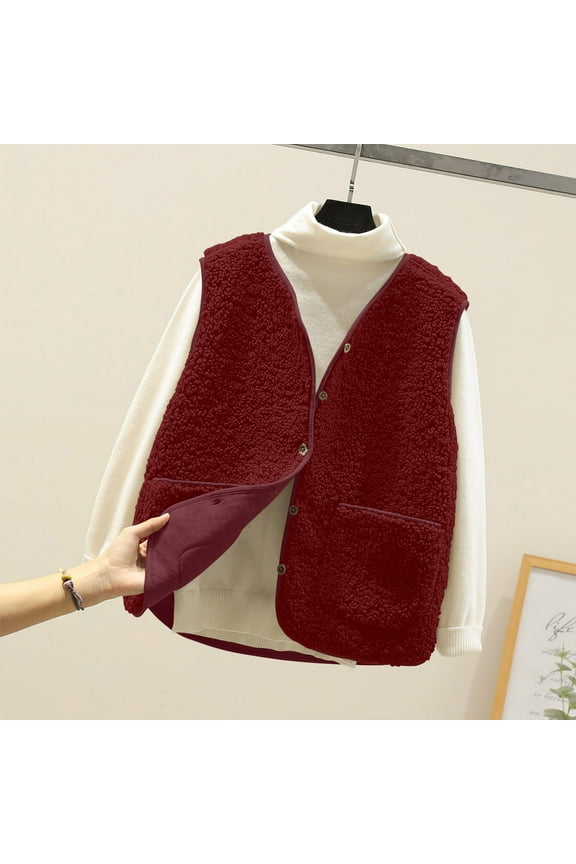 Women's Fuzzy Sherpa Fleece Vest Winter Fall Casual V Neck Sleeveless Warm Jacket Button Down Waistcoat with Pockets Red XL