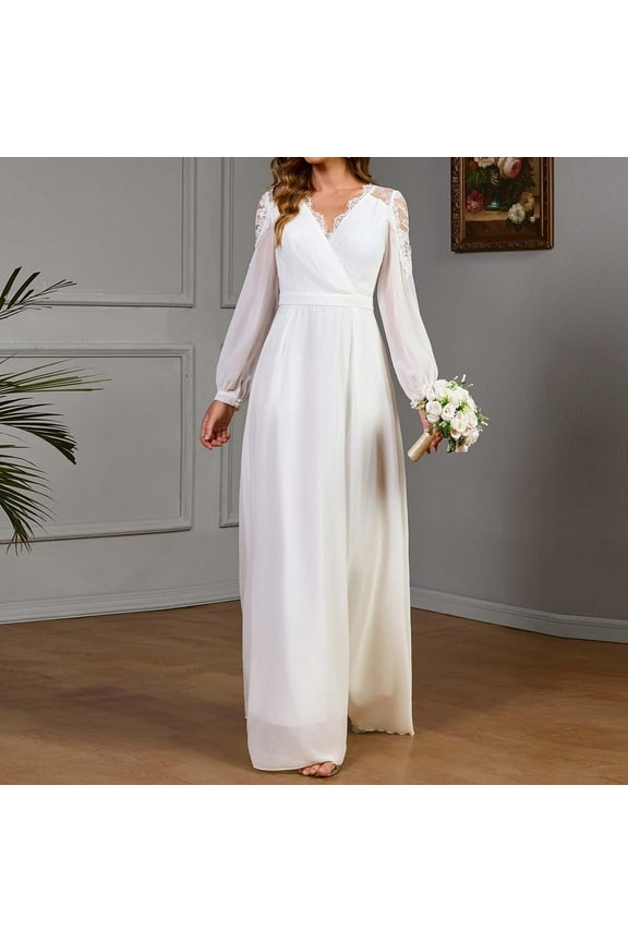 Women's Gown Dress Chiffon V Neck Long Sleeve Lace Pleated A-Line Dress Midi Length Waist Wedding Bride Formal Dresses White L