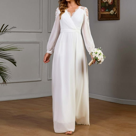 BLTIBY Women's Gown Dress Chiffon V Neck Long Sleeve Lace Pleated A-Line Dress Midi Length Waist Wedding Bride Formal Dresses White M