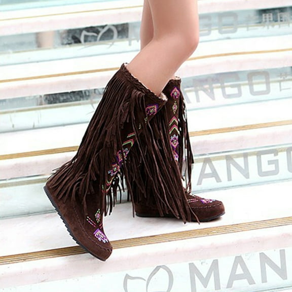 BLTIBY Women's High Boots Fringe Western Boot Winter Flats Faux Suede Embroidered Mid Calf Flat Boot Long Snow Tassel Boots Shoes Combat Booties Outdoor Brown 41