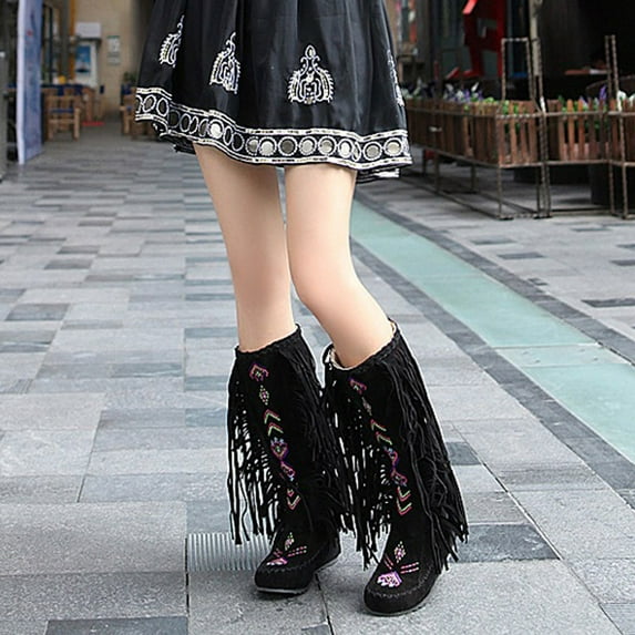 BLTIBY Women's High Boots Fringe Western Boot Winter Flats Faux Suede Embroidered Mid Calf Flat Boot Long Snow Tassel Boots Shoes Combat Booties Outdoor Black 45