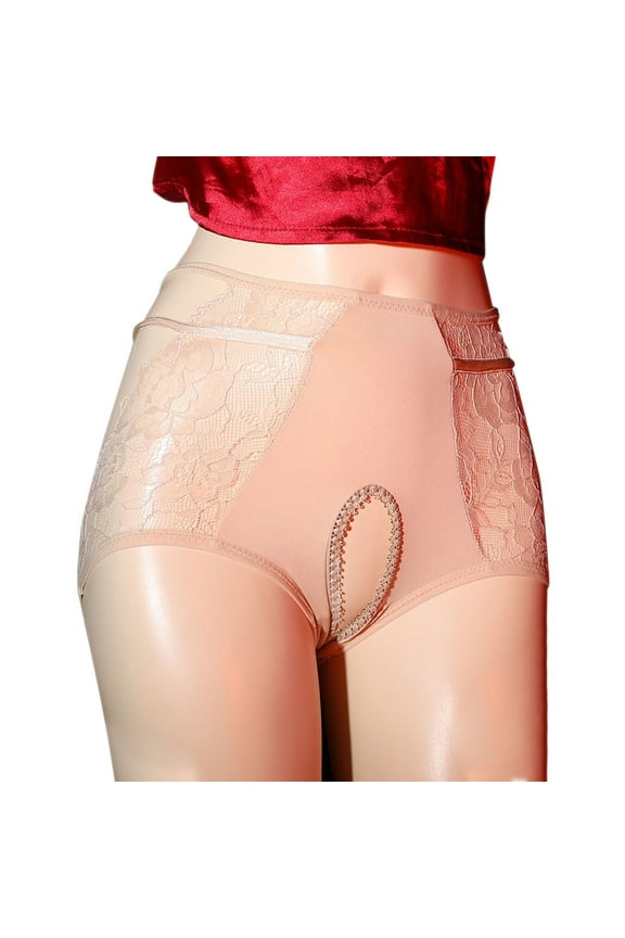 Women's High Waist Triangle Briefs Lace Open Sheer Transparent Mesh Breathable Fashion Comfortable Panties Beige M