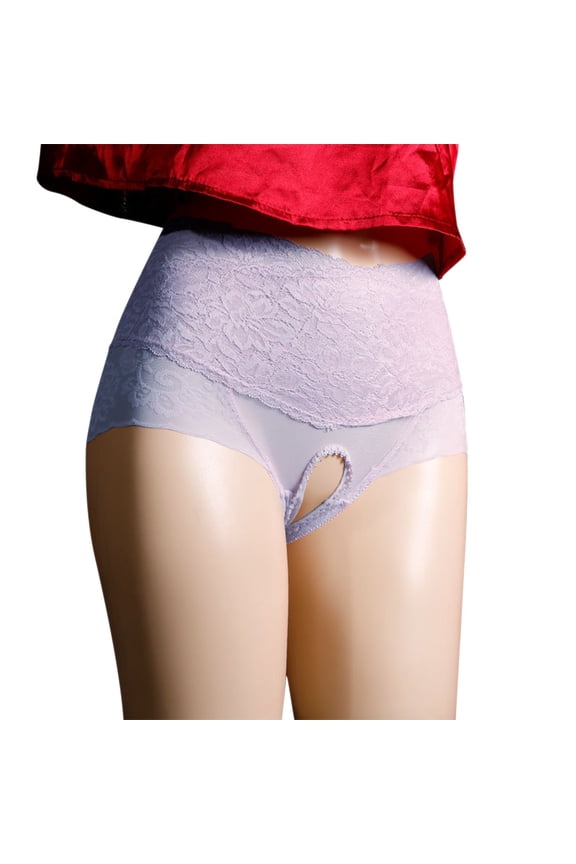 Women's High Waist Triangles Briefs Lace Open Sheer Transparent Mesh Fashion Breathable Panties Gray L