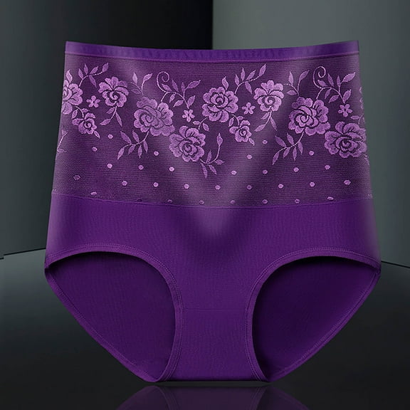 BLTIBY Women's High Waisted Triangle Briefs Printed Cotton Tummy Tightening Hip Lift Shaping Body Tightening Elastic Panties Purple L