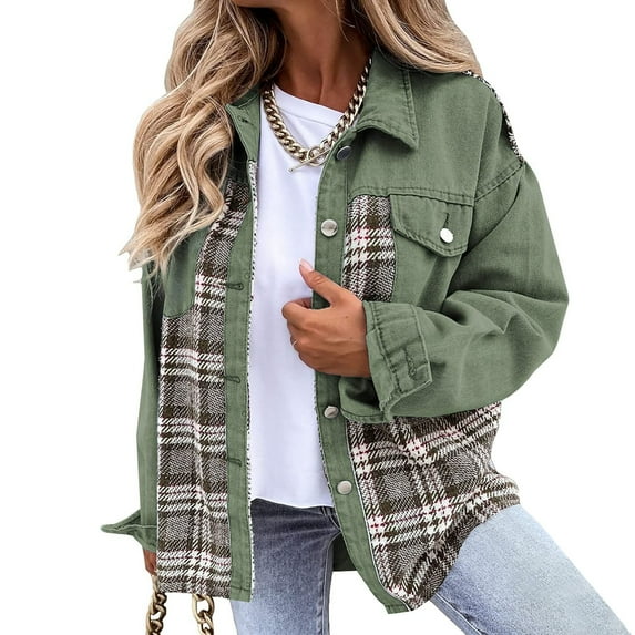 BLTIBY Women's Jean Jacket Autumn Spring Button Up Color Colorblock Casual Denim Coat Oversized Lightweight Overcoats with Pockets Green L