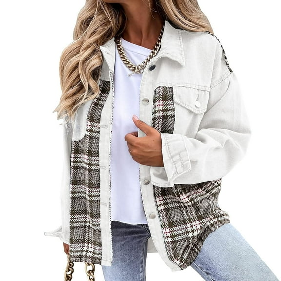 BLTIBY Women's Jean Jacket Autumn Spring Button Up Color Colorblock Casual Denim Coat Oversized Lightweight Overcoats with Pockets White M