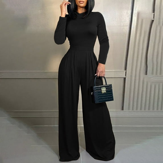 BLTIBY Women's Jumpsuits Spring Summer Solid Color Waisted Wide Leg Pants Long Sleeve Crew Neck Casual Loose Rompers Lightweight Comfortable Fashion Elegant Trousers Clearance Black 1 S
