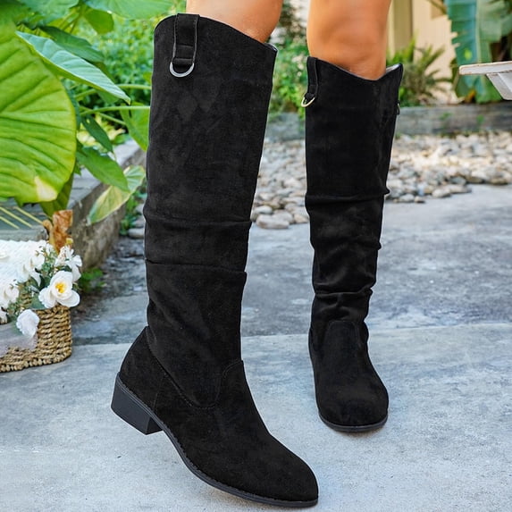 BLTIBY Women's Knee High Boots Block Heel Pull On Flock Slouchy Wide Booties Non-Slip Pleated Outdoor Fashion Boot Black 37
