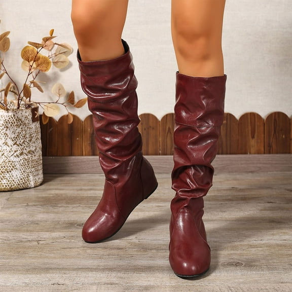 BLTIBY Women's Knee High Boots Flat Heel Pull On Slouchy Wide Booties Non-Slip Pleated Outdoor Fashion Boot Wine 39