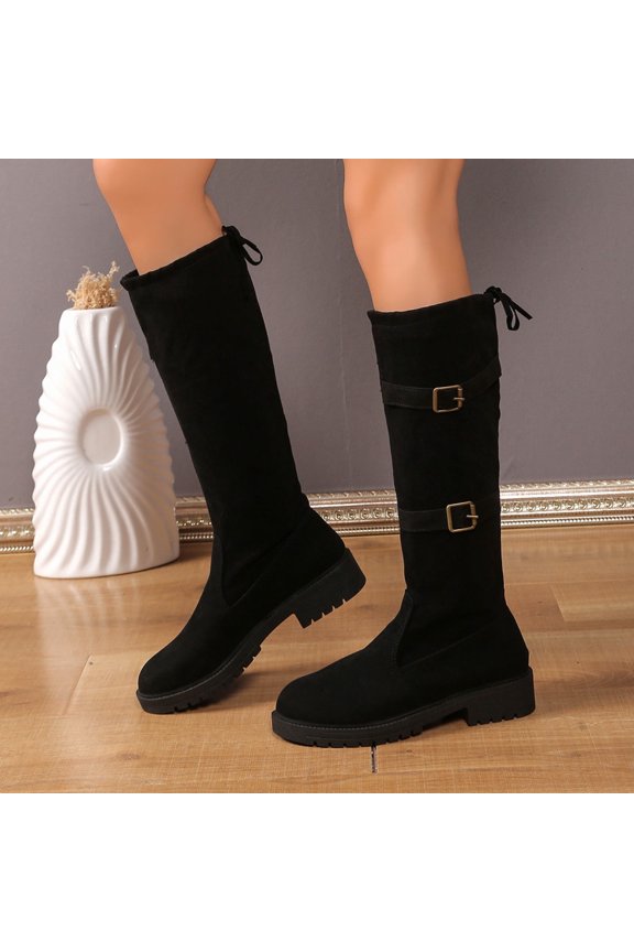 Women's Knee-High Boots Low Block Heel Flock Buckle Boot Slip-On Fashion Elegant Riding Booties Back Lace Up Black 36