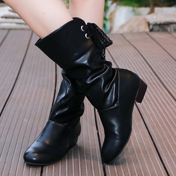 BLTIBY Women's Knee-High Boots Pointed Toe Mid Block Heel Pleated Boot Slip-On Slouchy Riding Booties Back Lace Up Black 39