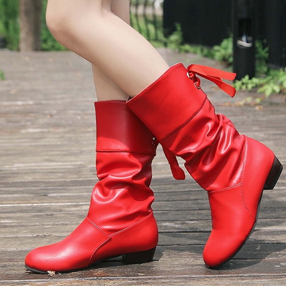 BLTIBY Women's Knee-High Boots Pointed Toe Mid Block Heel Pleated Boot Slip-On Slouchy Riding Booties Back Lace Up Red 40