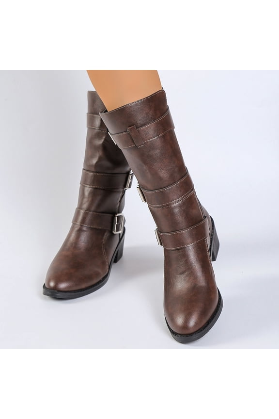 Women's Knee-High Boots Western Style Pointed Toe Mid Block Heel Boot Slip-On Buckle Ruched Slouchy Riding Booties Brown 36