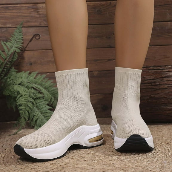 BLTIBY Women's Knitted Elastic Short Boots with Thick Sole Fashion Sock Boot Fall Winter Comfortable Mid-Calf Sneakers Breathable Lightweight Beige 43