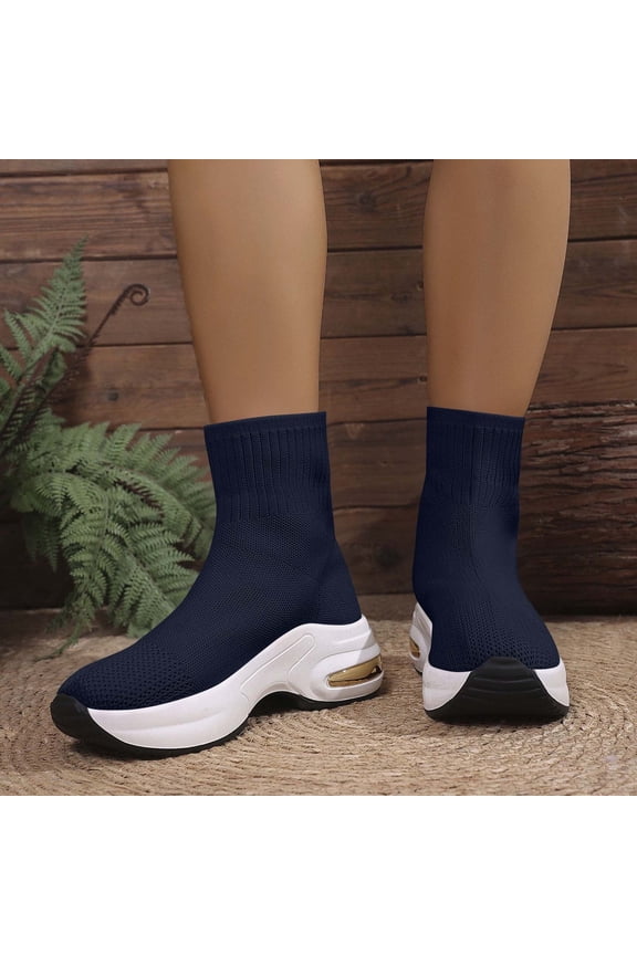 Women's Knitted Elastic Short Boots with Thick Sole Fashion Sock Boot Fall Winter Comfortable Mid-Calf Sneakers Breathable Lightweight Navy 36