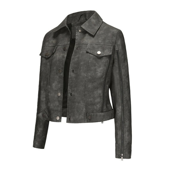 BLTIBY Women's Leather Casual Jackets Fall Button Solid Color Lapel Trendy Motorcycle Cropped Outfwear Lightweight Slim Coats Gray XXL