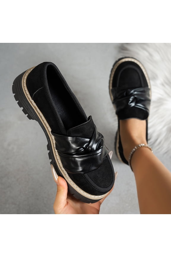 Women's Loafers with Patent Leather/Flock Trim Retro Round Toe Chunky Lug Sole Comfortable Slip-On Shoes for Casual Daily Office Wear Black 2 41