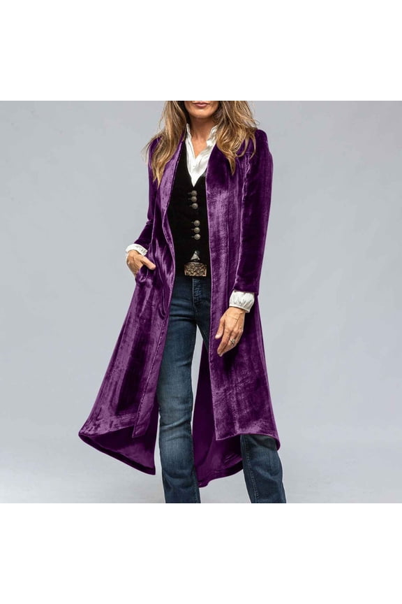 Women's Long Cardigan Fall Long Trench Coat Velvet Back Slit Open Front Loose Casual Elegant Jacket with Pockets Purple L