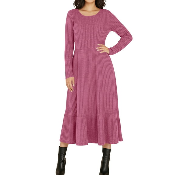 BLTIBY Women's Long Sleeve Maxi Dress Fall Winter Round Neck Knit Elegant Slim A Line Wedding Guest Dresses Pink S
