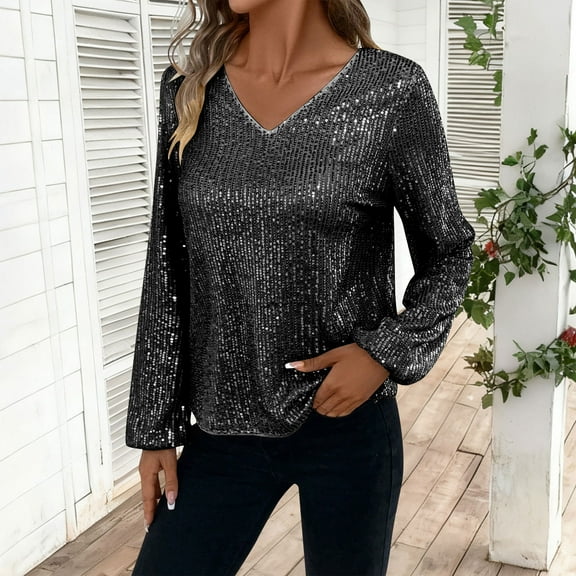 BLTIBY Women's Long Sleeve Sequin Tops Dressy Sparkle Glitter V Neck Pullover Blouse Cocktail Party Shirts Y2k Clubwear Black XXL