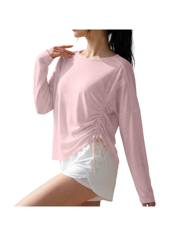 Women’s Long Sleeve Workout Top Lightweight Side Ruched Drawstring Semi-sheer Pullover Blouse Casual Layering for Tennis Walking Pink XL