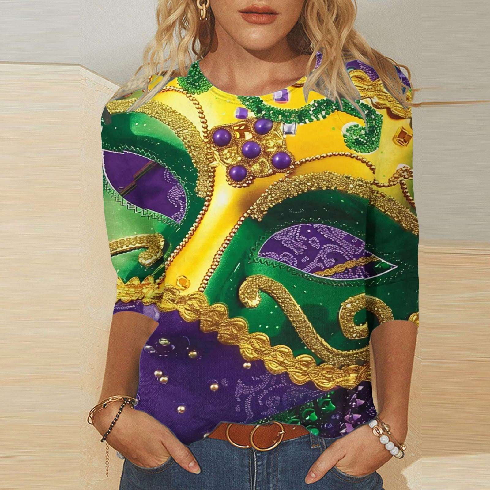 BLTIBY Women's Mardi Gras Sweatshirts Casual Crewneck 3/4 Sleeve Loose ...