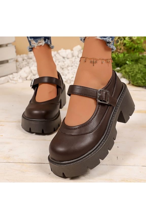 Women's Mary Janes Shoes Chunky Heel Ankle Strap Uniform Dress Shoes Gothic Oxfords Brown 36