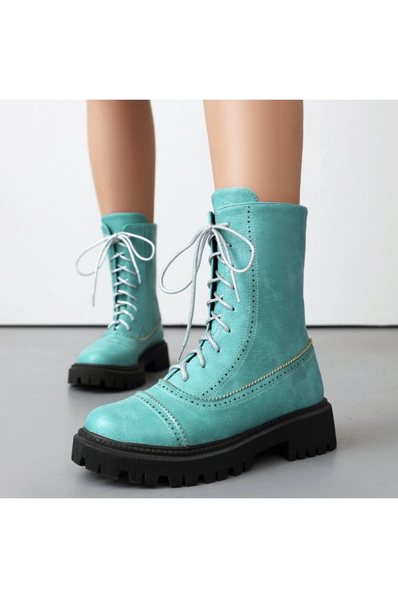 Women's Mid Calf Boots Chunk Heel Lace Up Waterproof Boot Fall Winter Elegant Fashion Booties Green 38