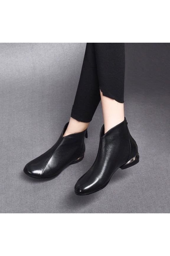 Women's Mid Calf Boots Low Heel Fashion Leather Waterproof Boot Fall Winter Elegant Fashion Booties Back Zip Black 37