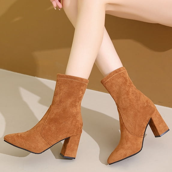 BLTIBY Women's Mid Calf Boots Pointed Toe Chunk Thick Heel Flock Booties Fashion Warm Winter Dressy Shoes Coffee 41