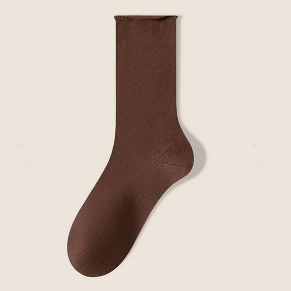 BLTIBY Women's Mid Calf Roll Top Socks Slouch Cotton Socks for Autumn Winter Solid Color Comfortable Stocking Coffee Free Size