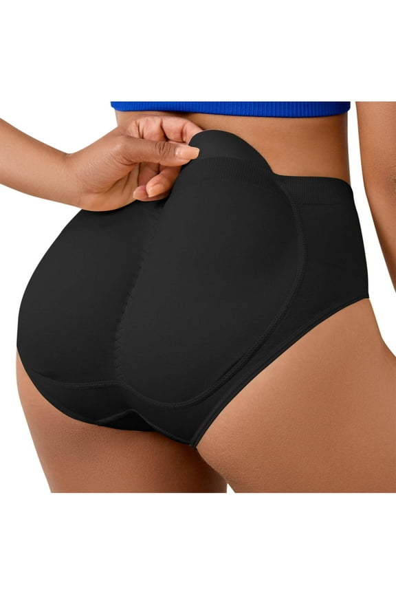 Women's Mid-Low Waisted Triangle Briefs Solid Color Fake Hip Lift Removable Hip Pads Body Shaping Elastic Panties Black XXL