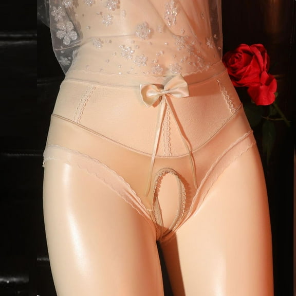 BLTIBY Women's Mid Waist Triangles Briefs Lace Open Sheer Transparent Mesh Fashion Breathable Comfortable Panties Beige L