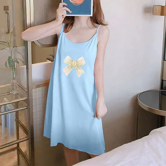 BLTIBY Women's Nightgown Round Neck Solid Color Sleeveless Sleepshirt Summer Cute Dress Fashion Comfy Loungewear 2025 Blue XL